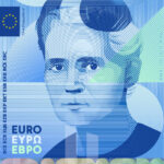 Neues Eurodesign der Serie G von Rubio & del Amo und Cruz más Cruz. Die Vorderseite des 20-Euro-Scheins ist hochkant und zeigt die polnisch-französische Physikerin Marie Skłodowska Curie.
