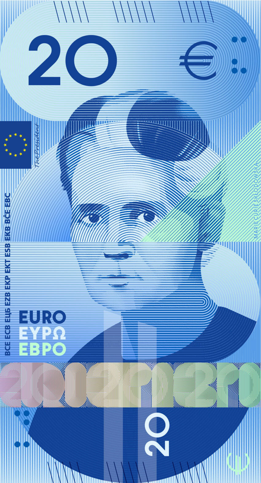 Neues Eurodesign der Serie G von Rubio & del Amo und Cruz más Cruz. Die Vorderseite des 20-Euro-Scheins ist hochkant und zeigt die polnisch-französische Physikerin Marie Skłodowska Curie.