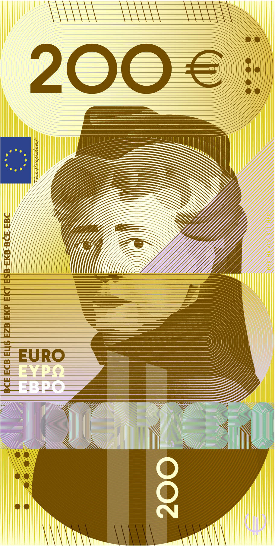 Neues Eurodesign der Serie G von Rubio & del Amo und Cruz más Cruz. Die Vorderseite des 200-Euro-Scheins ist hochkant und zeigt die österreichische Pazifistin Bertha von Suttner.