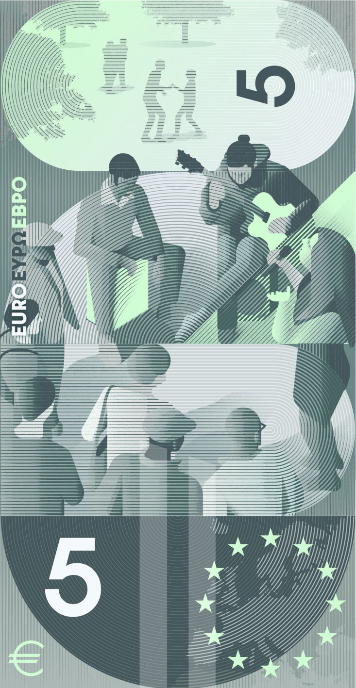 Neuer Eurodesignentwurf der Serie G von Rubio & del Amo und Cruz más Cruz. Die Rückseite des 5-Euro-Scheins ist hochkant und zeigt zum Thema "Darstellende Kunst" Straßenmusiker mit Zuschauern.