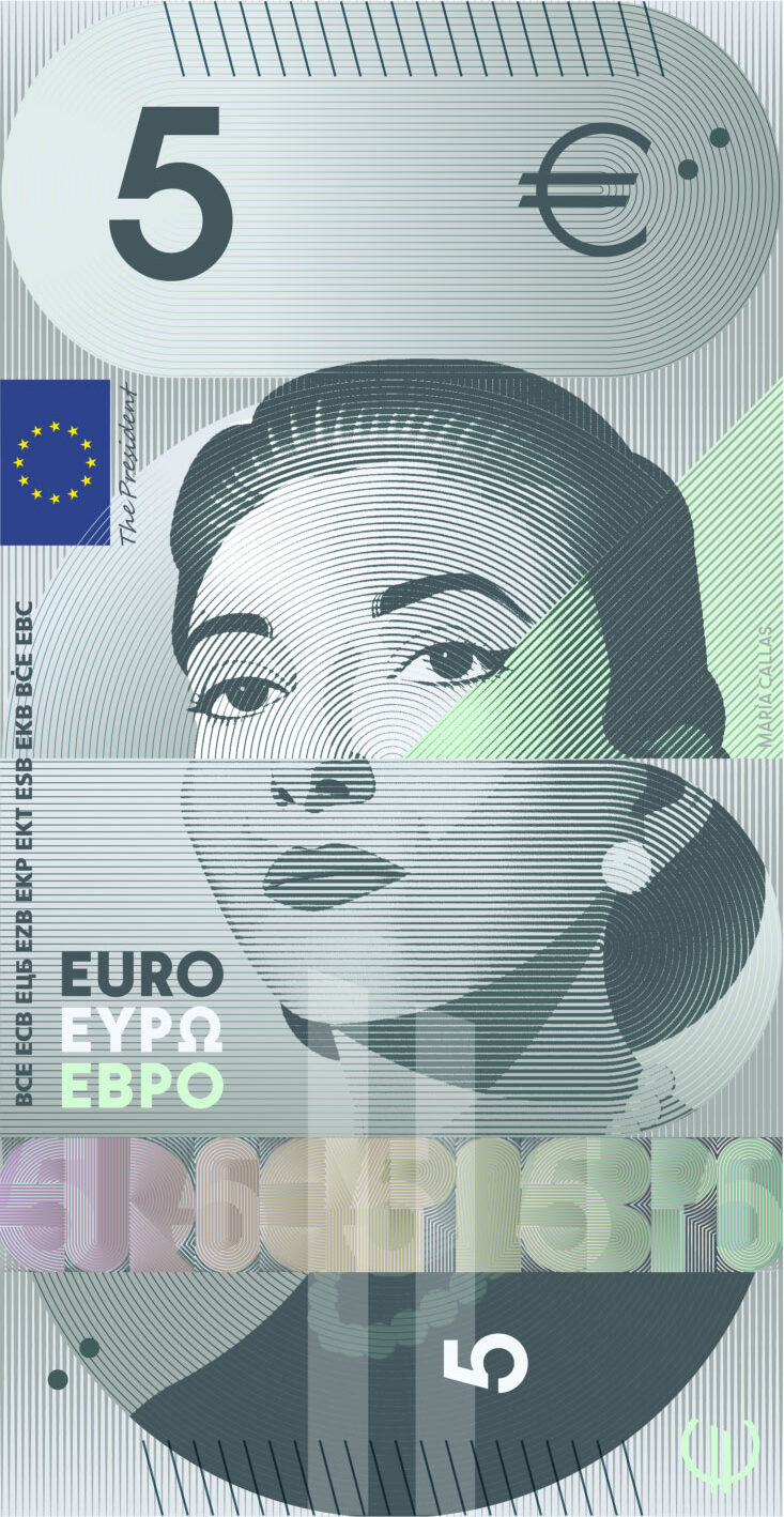 Neues Eurodesign der Serie G von Rubio & del Amo und Cruz más Cruz. Die Vorderseite des 5-Euro-Scheins ist hochkant und zeigt griechisch-italienische Sopranistin Maria Callas.