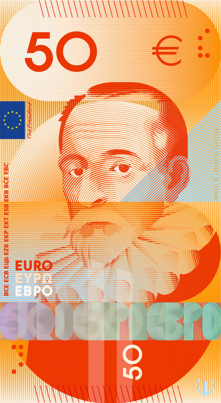 Neues Eurodesign der Serie G von Rubio & del Amo und Cruz más Cruz. Die Vorderseite des 50-Euro-Scheins ist hochkant und zeigt den spanischen Schriftsteller Miguel de Cervantes Saavedra.