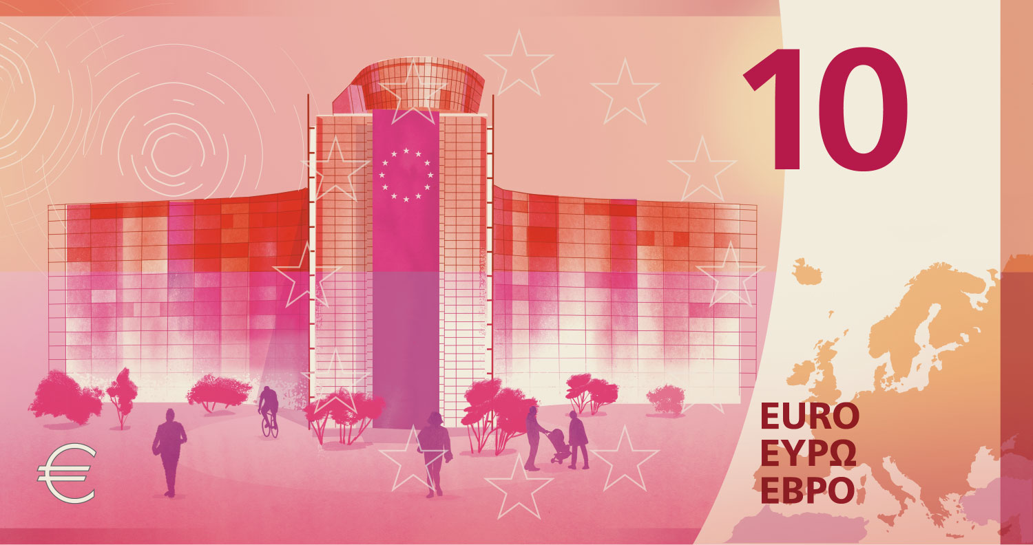 Neuer Eurodesignentwurf der Serie H von Atelier Goppel-Toperngpong. Die Rückseite des 10-Euro-Scheins zeigt die Europäische Kommission.