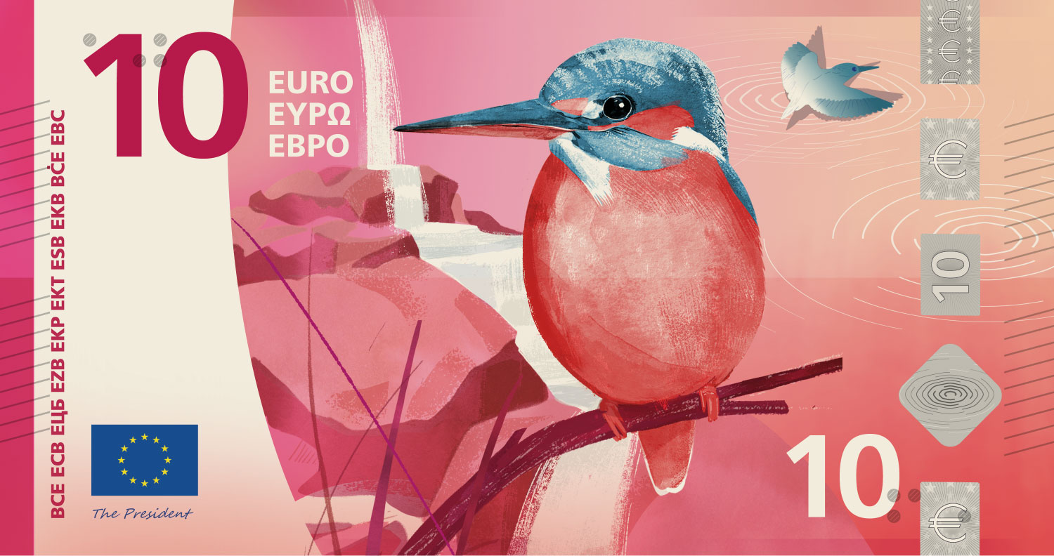 Neuer Eurodesignentwurf der Serie H von Atelier Goppel-Toperngpong. Die Vorderseite des 10-Euro-Scheins zeigt Eisvögel nahe eines Wasserfalls.