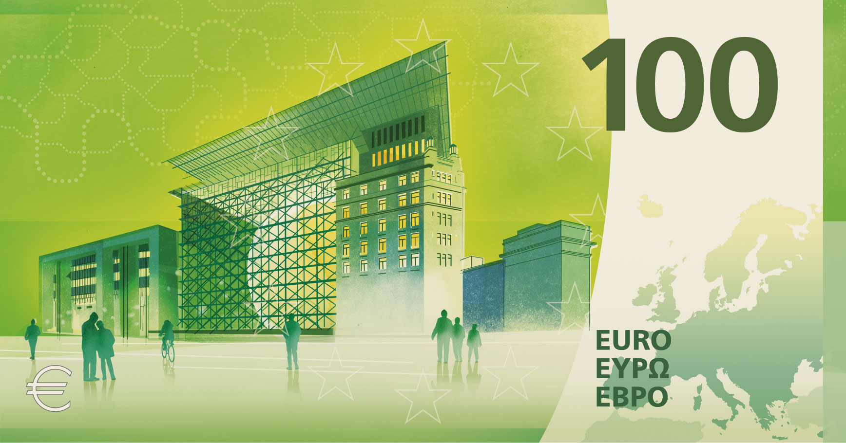 Neuer Eurodesignentwurf der Serie H von Atelier Goppel-Toperngpong. Die Rückseite des 100-Euro-Scheins zeigt den Gerichtshof den Europäischen Rat und den Rat der Europäischen Union.