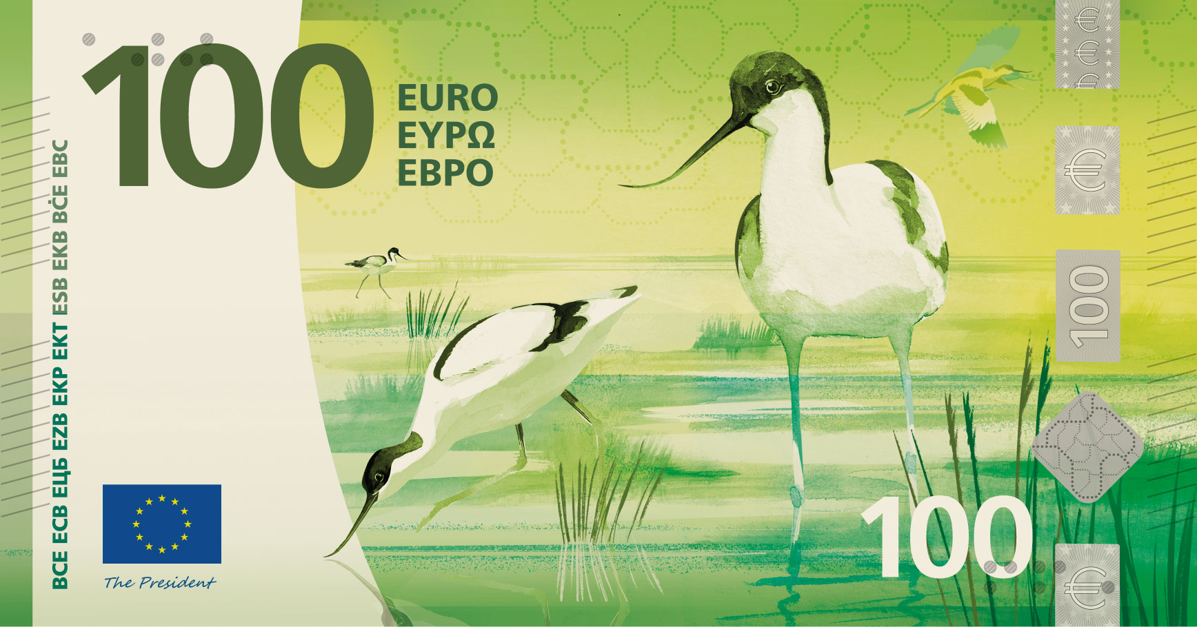 Neuer Eurodesignentwurf der Serie H von Atelier Goppel-Toperngpong. Die Vorderseite des 100-Euro-Scheins zeigt Säbelschnäbler, die in einer Flussmündung durch das Wasser staksen und nach Nahrung suchen.