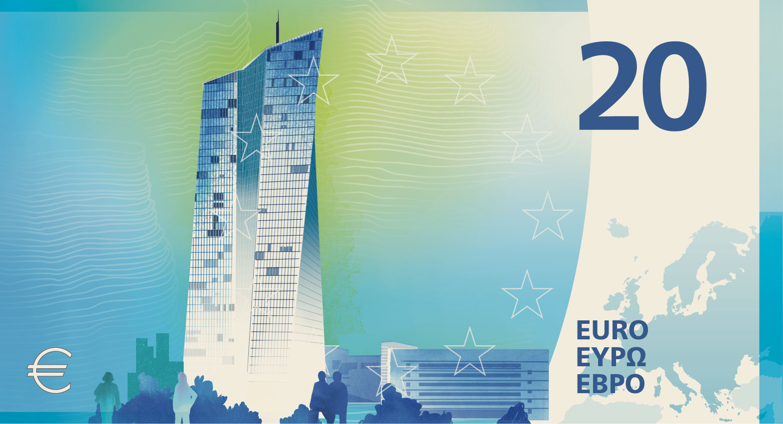 Neuer Eurodesignentwurf der Serie H von Atelier Goppel-Toperngpong. Die Rückseite des 20-Euro-Scheins zeigt die Europäische Zentralbank.