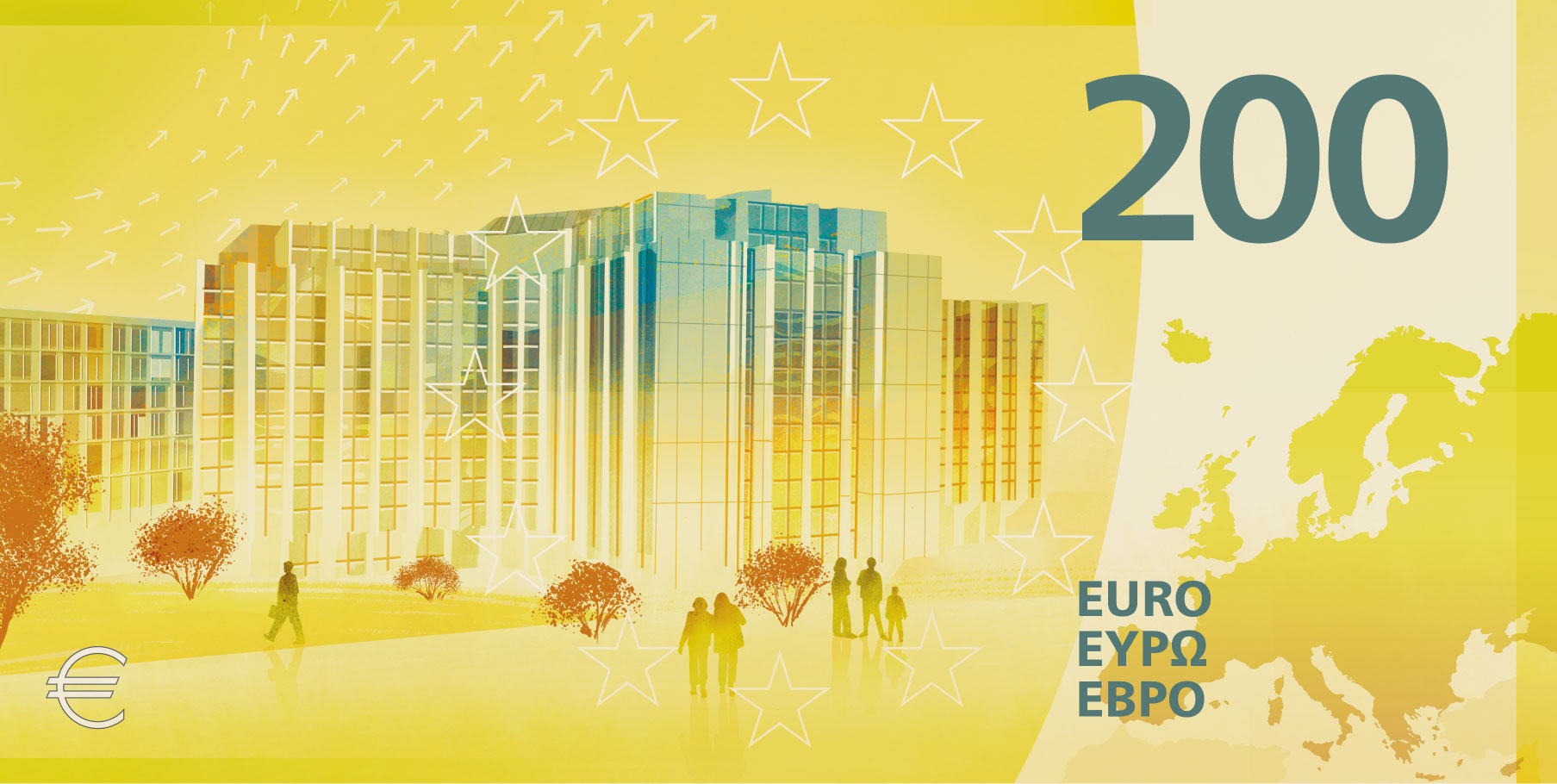 Neuer Eurodesignentwurf der Serie H von Atelier Goppel-Toperngpong. Die Rückseite des 200-Euro-Scheins zeigt den Gerichtshof den Europäischen Rechnungshof.