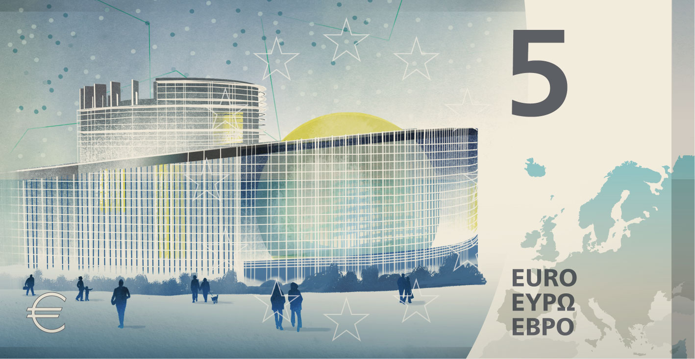 Neuer Eurodesignentwurf der Serie H von Atelier Goppel-Toperngpong. Die Rückseite des 5-Euro-Scheins zeigt das Europäische Parlament.