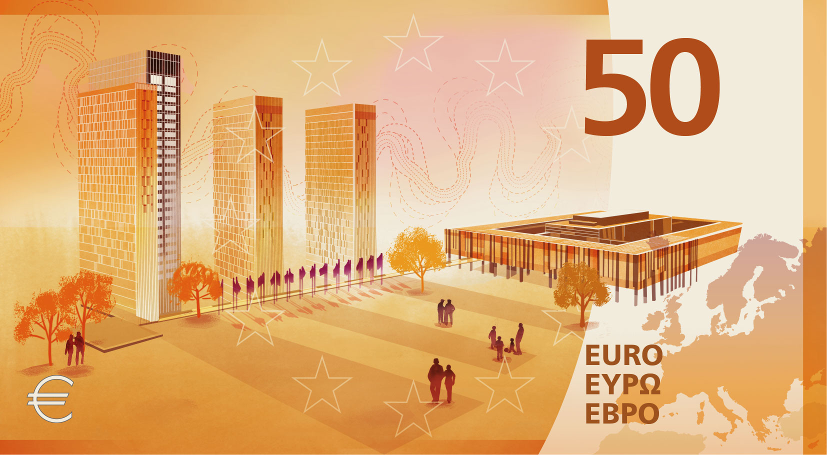 Neuer Eurodesignentwurf der Serie H von Atelier Goppel-Toperngpong. Die Rückseite des 50-Euro-Scheins zeigt den Gerichtshof der Europäischen Union.