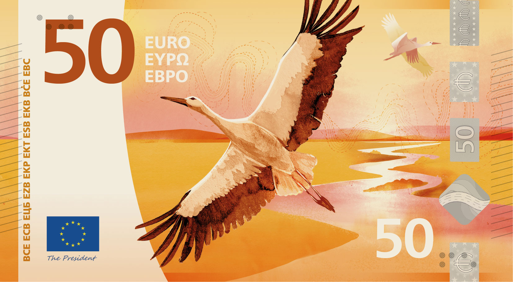 Neuer Eurodesignentwurf der Serie H von Atelier Goppel-Toperngpong. Die Vorderseite des 50-Euro-Scheins zeigt Weißstörche, die über einem gewundenen Flusstal fliegen.
