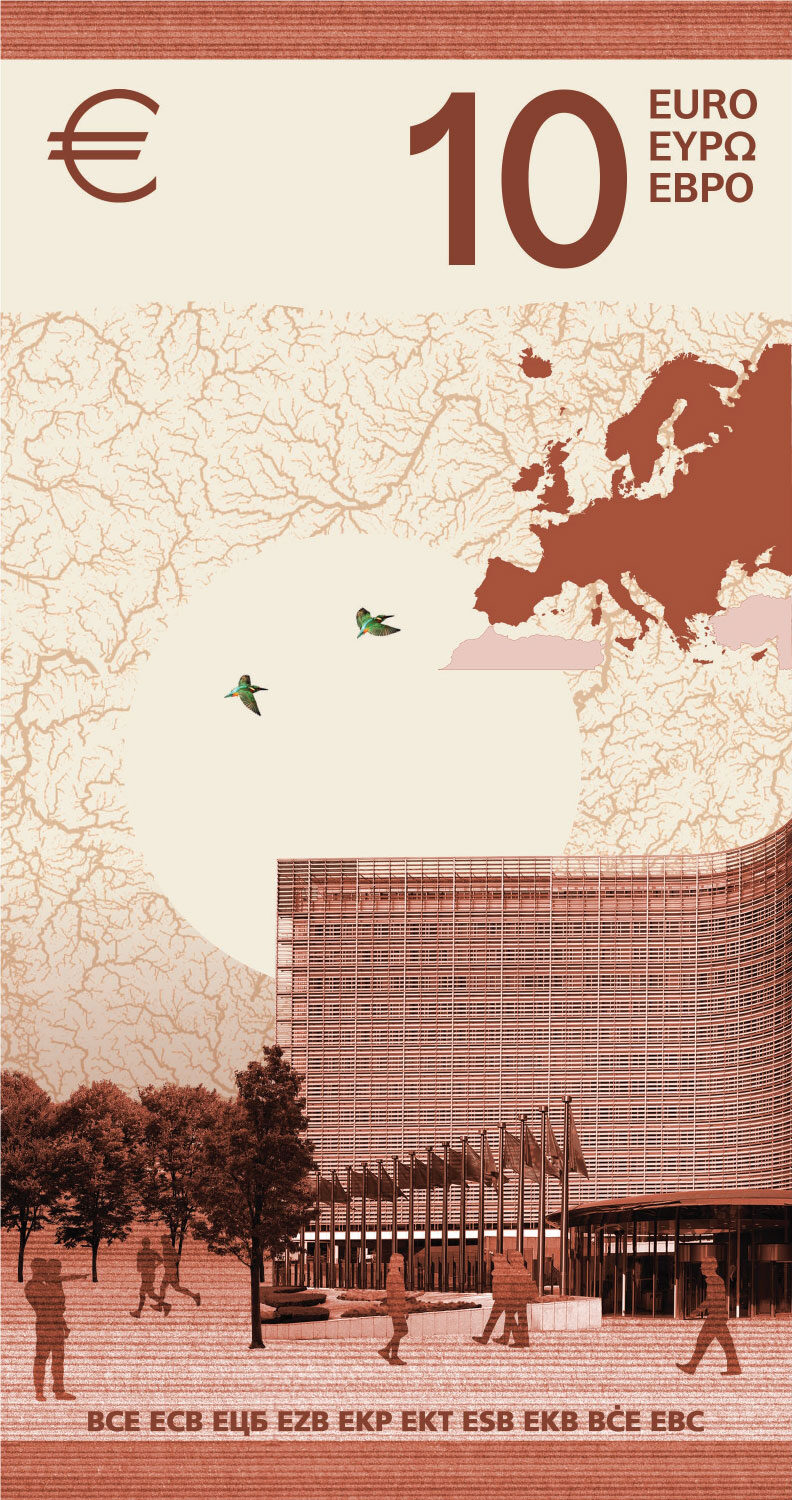 Neuer Eurodesignentwurf der Serie I von Isabelle Daëron. Die Rückseite des 10-Euro-Scheins ist hochkant und zeigt die Europäische Kommission sowie Eisvögel im Flug.