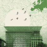 Neuer Eurodesignentwurf der Serie I von Isabelle Daëron. Die Rückseite des 100-Euro-Scheins ist hochkant und zeigt den Europäischen Rat und den Rat der Europäischen Union sowie Säbelschnäbler im Flug.