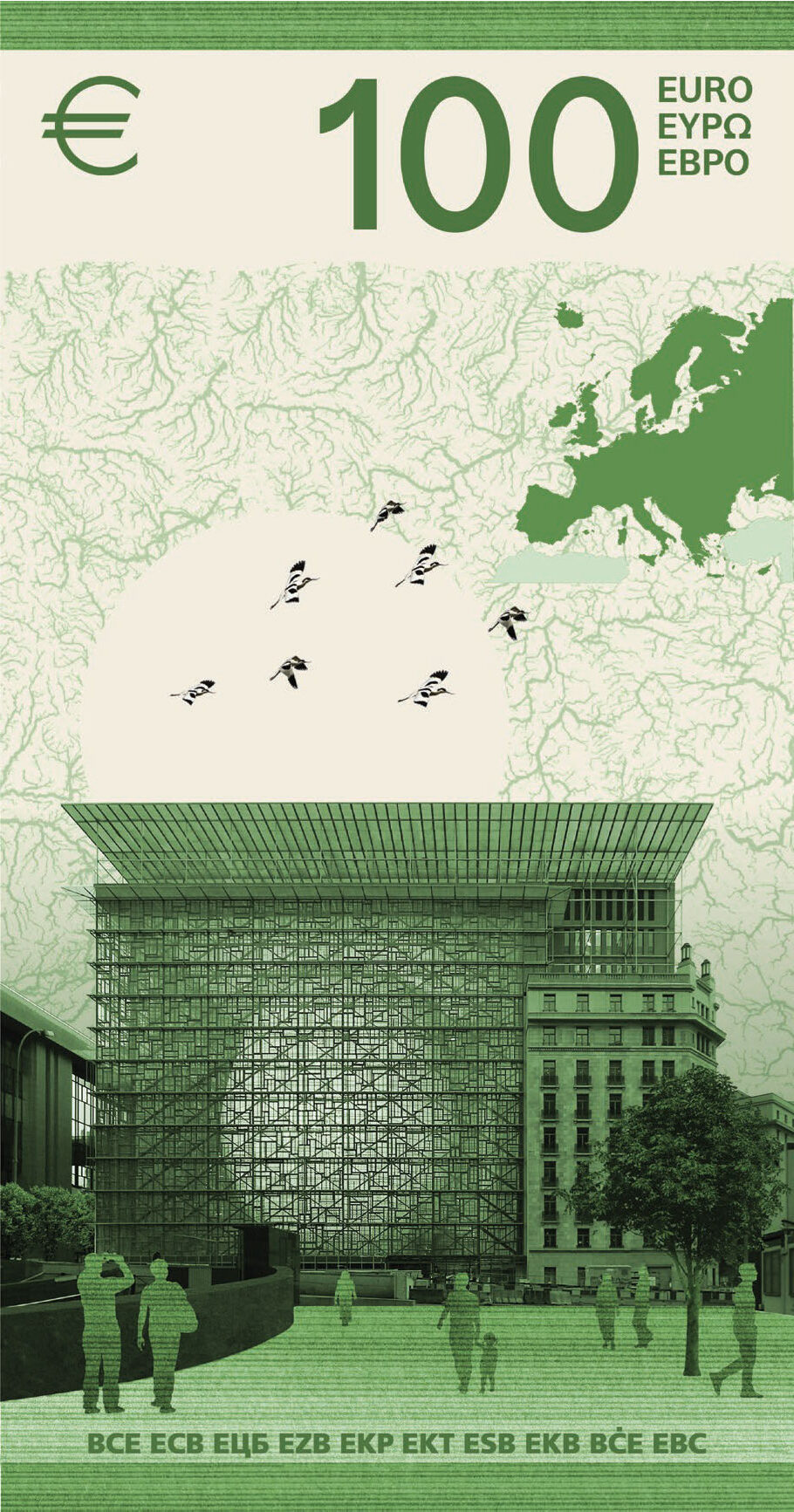 Neuer Eurodesignentwurf der Serie I von Isabelle Daëron. Die Rückseite des 100-Euro-Scheins ist hochkant und zeigt den Europäischen Rat und den Rat der Europäischen Union sowie Säbelschnäbler im Flug.