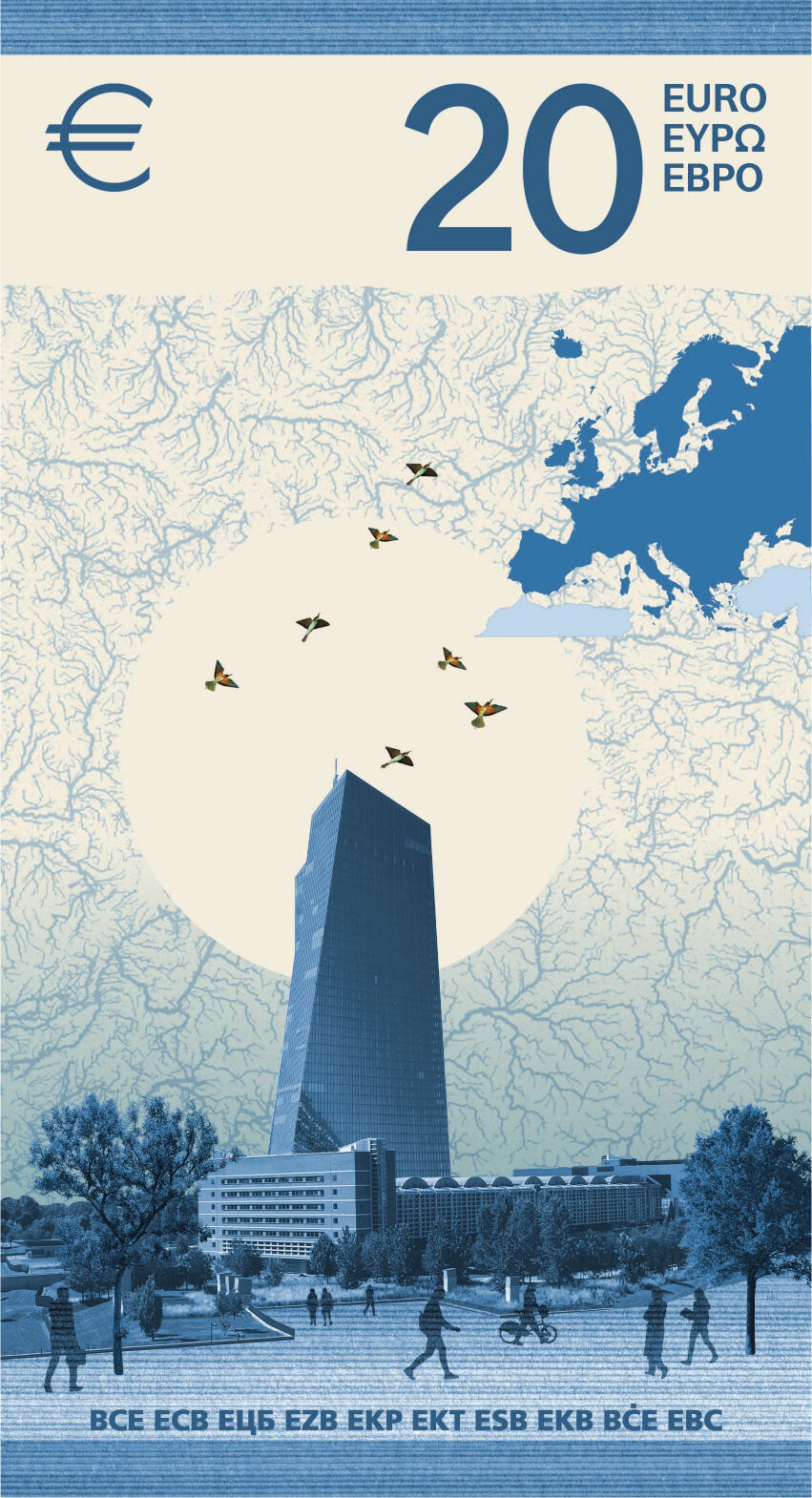 Neuer Eurodesignentwurf der Serie I von Isabelle Daëron. Die Rückseite des 20-Euro-Scheins ist hochkant und zeigt die Europäische Zentralbank sowie Bienenfresser im Flug.