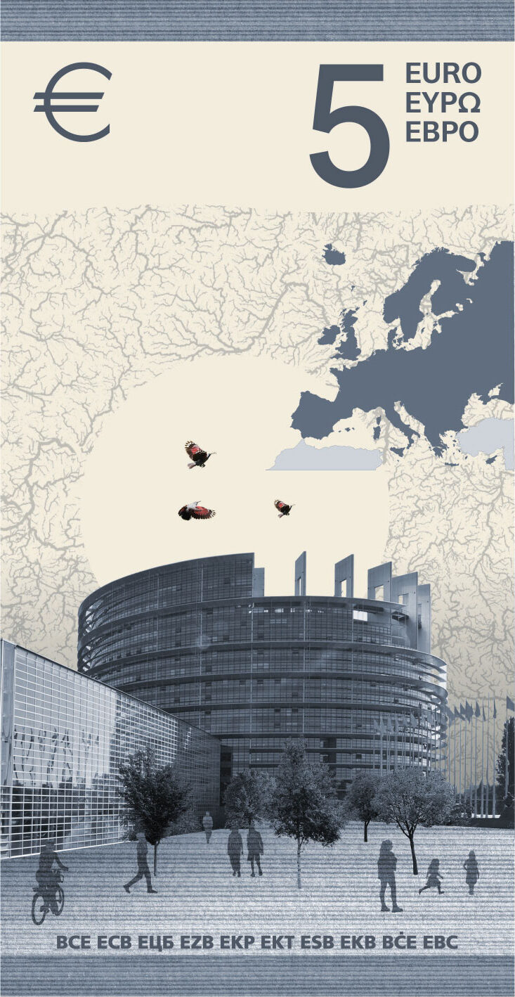 Neuer Eurodesignentwurf der Serie I von Isabelle Daëron. Die Rückseite des 5-Euro-Scheins ist hochkant und zeigt das Europäische Parlament sowie Mauerläufer im Flug.