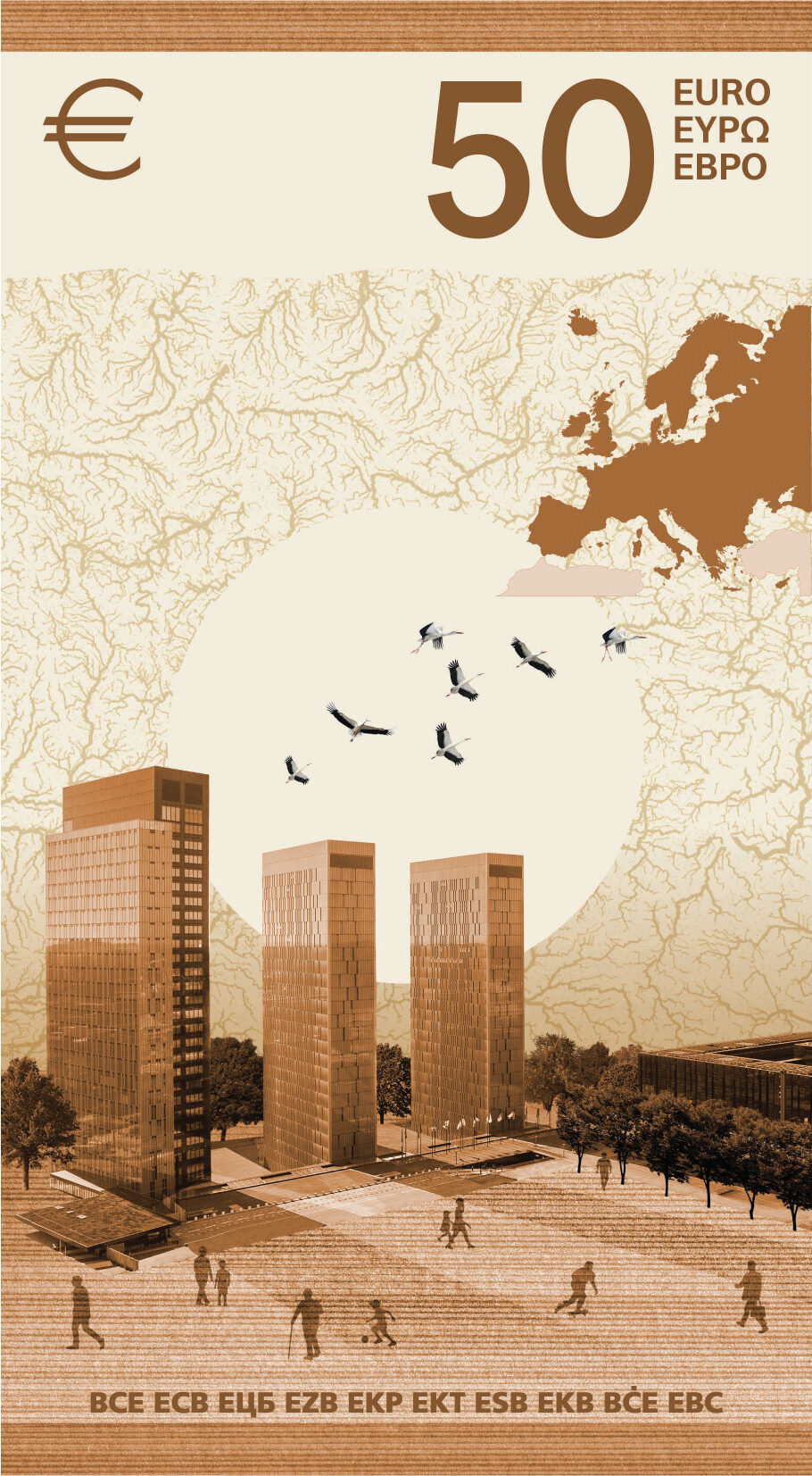 Neuer Eurodesignentwurf der Serie I von Isabelle Daëron. Die Rückseite des 50-Euro-Scheins ist hochkant und zeigt den Gerichtshof der Europäischen Union sowie Weißstörche im Flug.