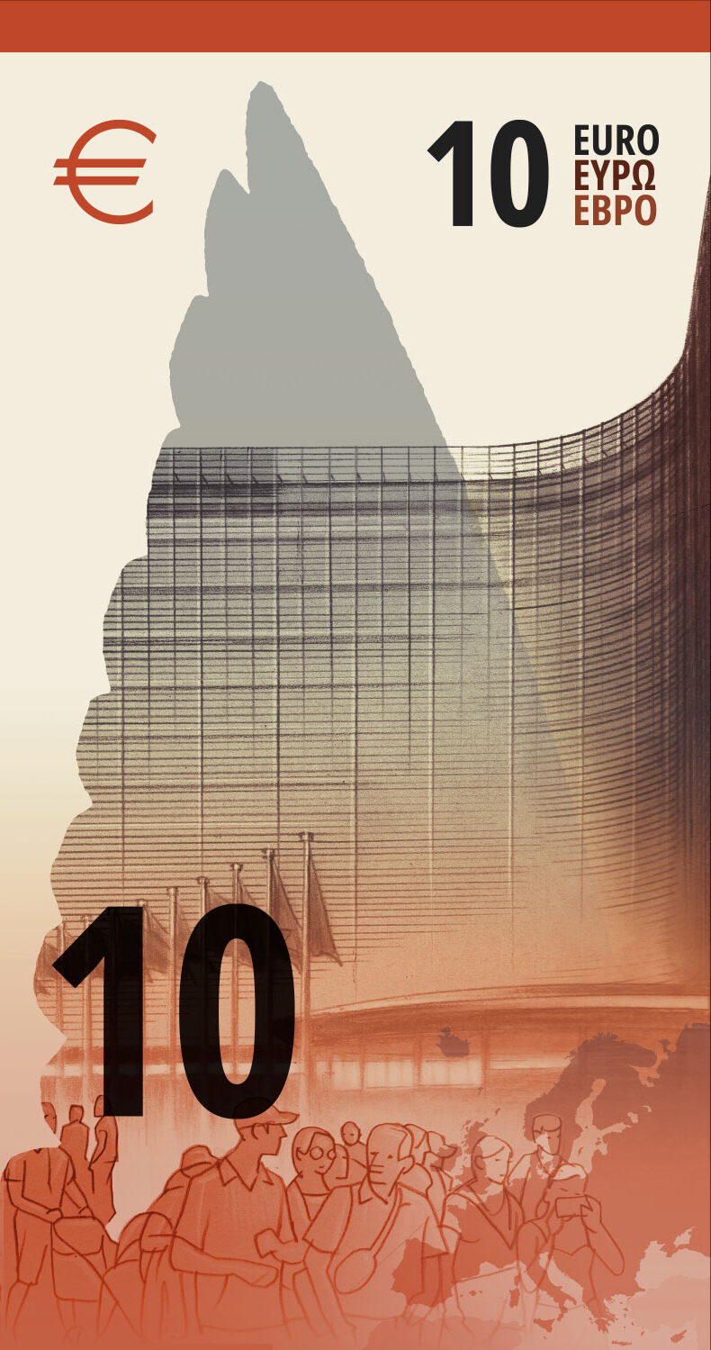 Neuer Eurodesignentwurf der Serie J von Ville Tietäväinen. Die Rückseite des 10-Euro-Scheins ist hochkant und zeigt die Europäische Kommission sowie eine transparente Flügelsilhouette eines Eisvogel.