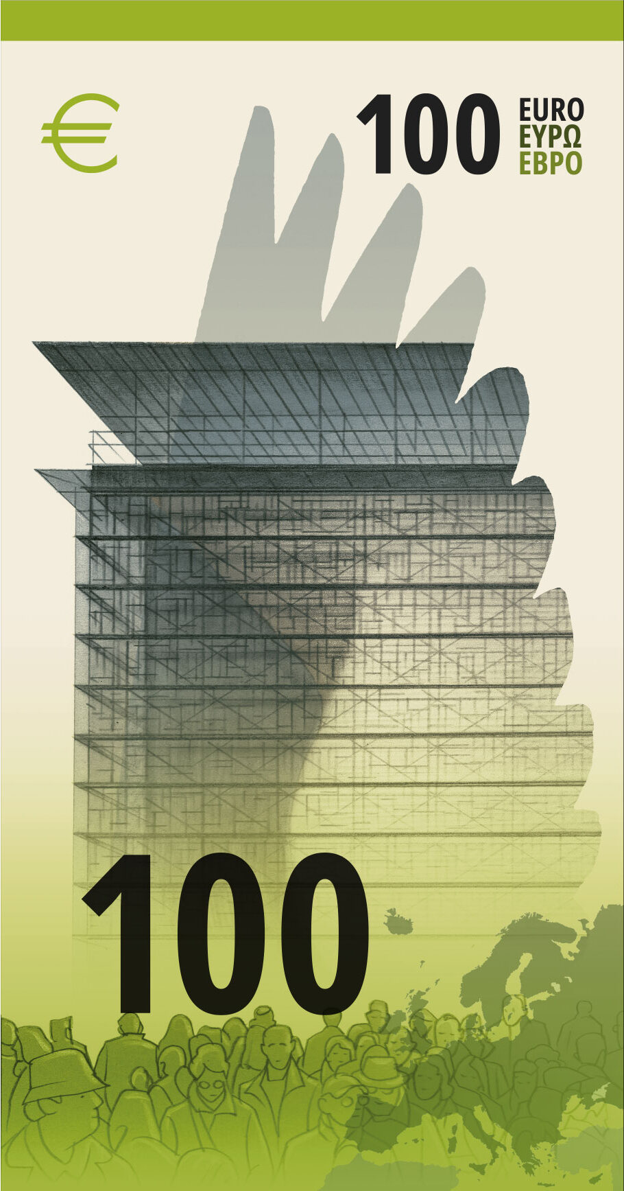 Neuer Eurodesignentwurf der Serie J von Ville Tietäväinen. Die Rückseite des 100-Euro-Scheins ist hochkant und zeigt den Europäischen Rat und den Rat der Europäischen Union sowie eine transparente Flügelsilhouette eines Säbelschnäblers.
