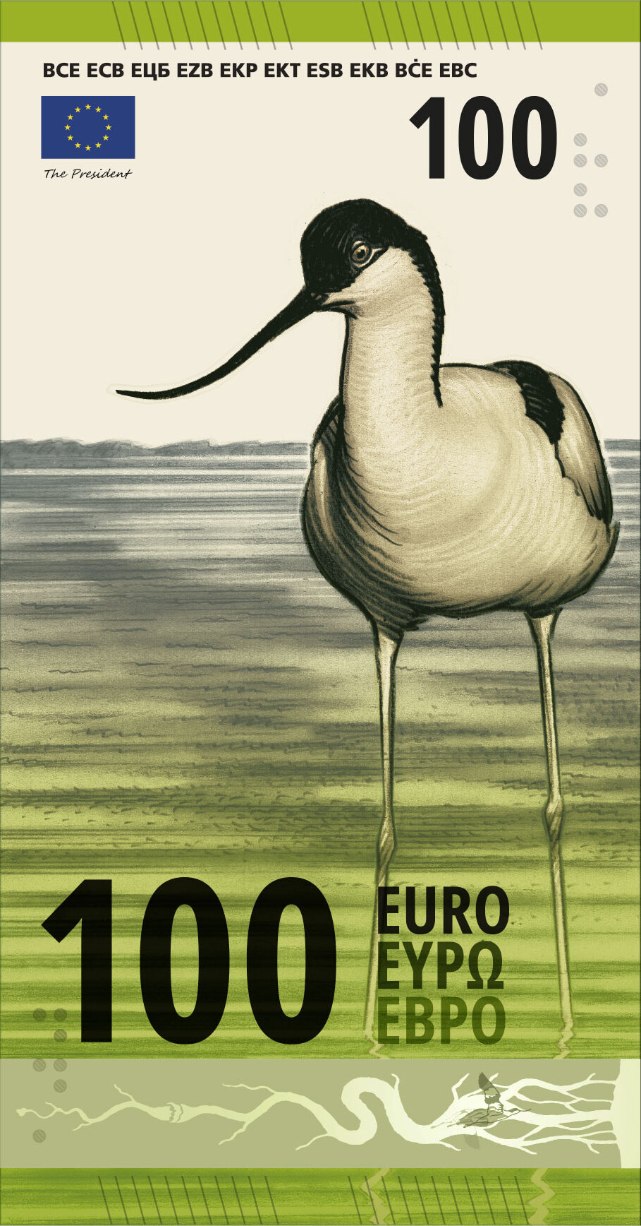 Neuer Eurodesignentwurf der Serie J von Ville Tietäväinen. Die Vorderseite des 100-Euro-Scheins ist hochkant und zeigt Säbelschnäbler stehend im Wasser. Der Folienstreifen zeigt schematisch einen Flusslauf mit einem Säbelschnäbler am Unterlauf.
