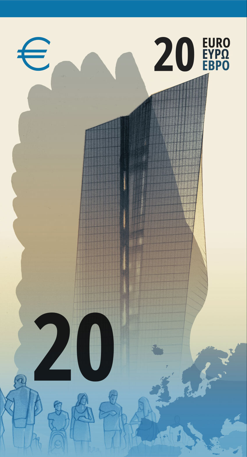 Neuer Eurodesignentwurf der Serie J von Ville Tietäväinen. Die Rückseite des 20-Euro-Scheins ist hochkant und zeigt die Europäische Zentralbank sowie eine transparente Flügelsilhouette eines Bienenfressers.