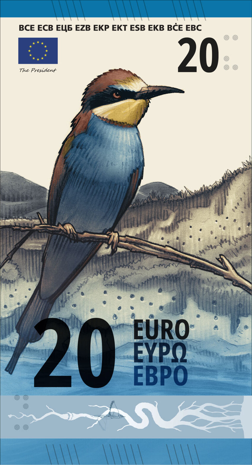 Neuer Eurodesignentwurf der Serie J von Ville Tietäväinen. Die Vorderseite des 20-Euro-Scheins ist hochkant und zeigt Bienenfresser vor einem eingegrabenen Flusstal mit Nisthöhlen in den Wenden. Der Folienstreifen zeigt schematisch einen Flusslauf mit einem Bienenfresser am unteren Oberlauf.