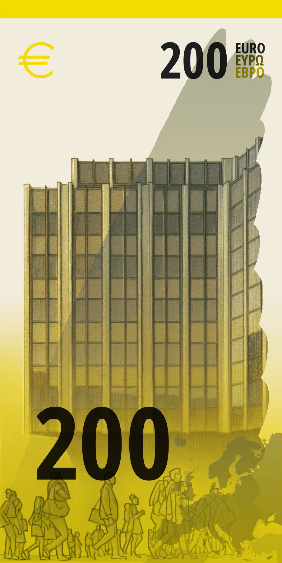 Neuer Eurodesignentwurf der Serie J von Ville Tietäväinen. Die Rückseite des 200-Euro-Scheins ist hochkant und zeigt den Europäischen Rechnungshof sowie eine transparente Flügelsilhouette eines Basstölpels.