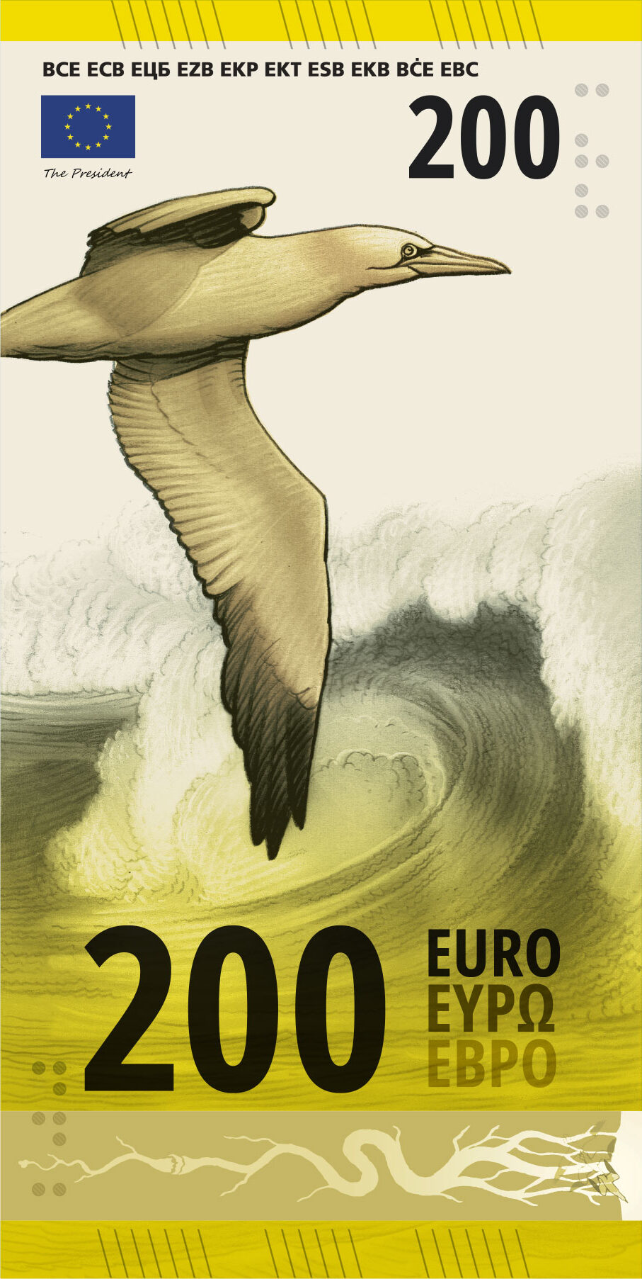 Neuer Eurodesignentwurf der Serie J von Ville Tietäväinen. Die Vorderseite des 200-Euro-Scheins ist hochkant und zeigt Basstölpel im Flug über der hohen See. Der Folienstreifen zeigt schematisch einen Flusslauf mit einem Basstölpel an der Mündung.
