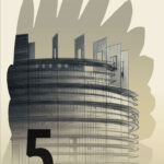 Neuer Eurodesignentwurf der Serie J von Ville Tietäväinen. Die Rückseite des 5-Euro-Scheins ist hochkant und zeigt das Europäische Parlament sowie eine transparente Flügelsilhouette eines Mauerläufer.