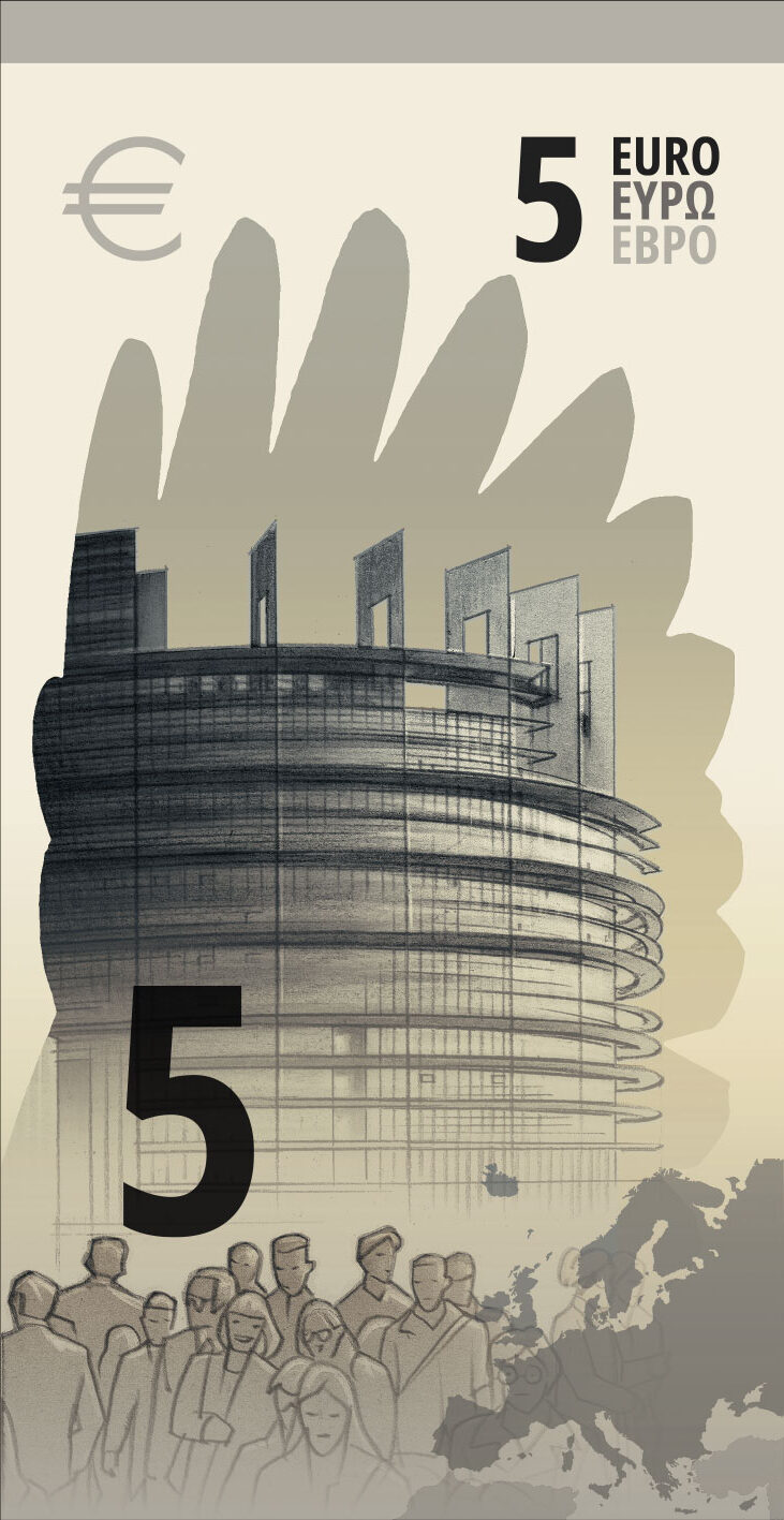 Neuer Eurodesignentwurf der Serie J von Ville Tietäväinen. Die Rückseite des 5-Euro-Scheins ist hochkant und zeigt das Europäische Parlament sowie eine transparente Flügelsilhouette eines Mauerläufer.