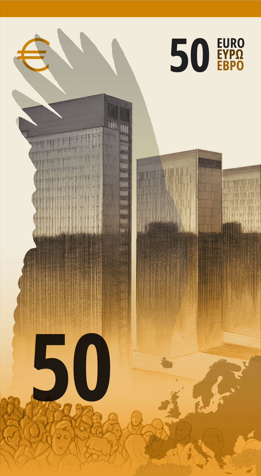 Neuer Eurodesignentwurf der Serie J von Ville Tietäväinen. Die Rückseite des 50-Euro-Scheins ist hochkant und zeigt den Gerichtshof der Europäischen Union sowie eine transparente Flügelsilhouette eines Weißstorches.