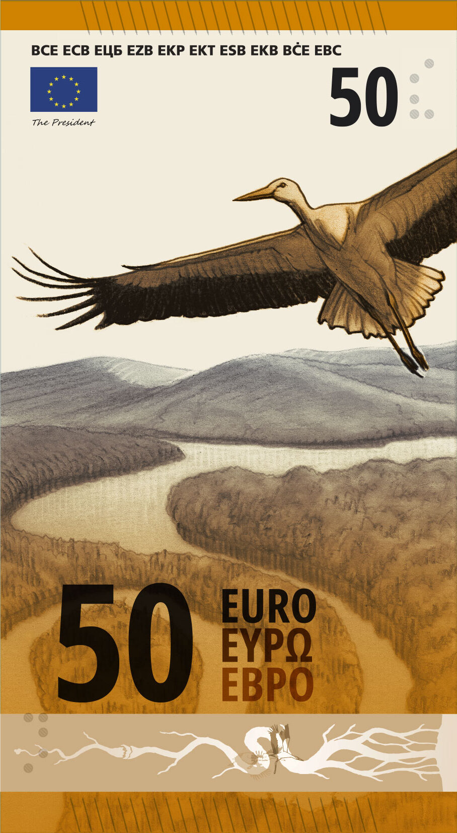 Neuer Eurodesignentwurf der Serie J von Ville Tietäväinen. Die Vorderseite des 50-Euro-Scheins ist hochkant und zeigt Weißstorch im Flug über einem gewundenen Flusstal. Der Folienstreifen zeigt schematisch einen Flusslauf mit einem Weißstorch am Mittellauf.