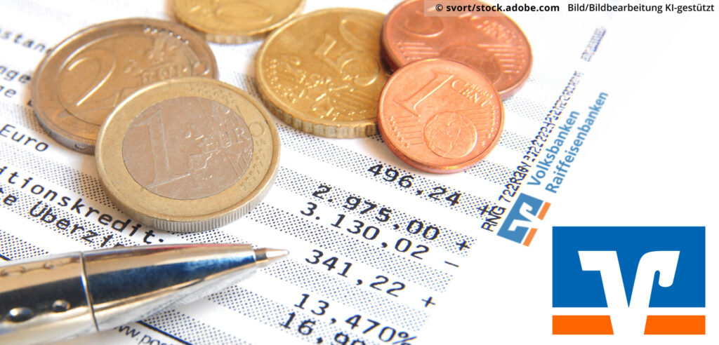 Auf dem Bild sind Kontoauszüge, Euromünzen und das Logo der Volksbank zu sehen