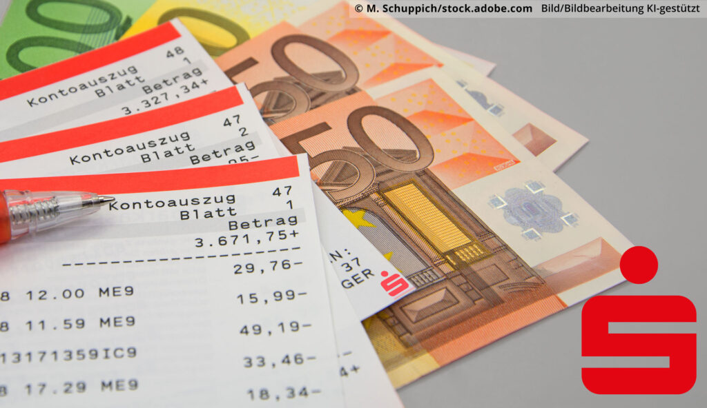 Auf dem Bild sind Kontoauszüge, Geldscheine und das Logo der Sparkasse zu sehen