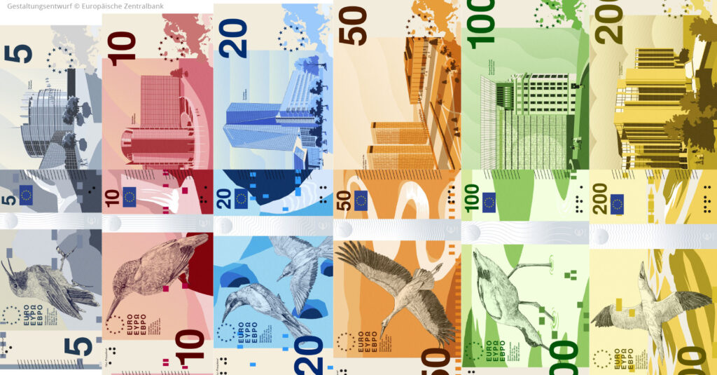 Kollage der Vorder- und Rückseiten des aller neuen Eurodesignvorschläge der Serie B von PunktFormStrich.