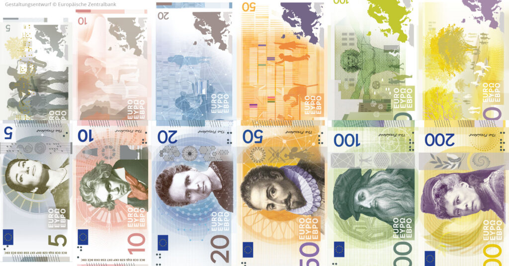 Kollage der Vorder- und Rückseiten des aller neuen Eurodesignvorschläge der Serie E von Myrsini Vardopoulou.