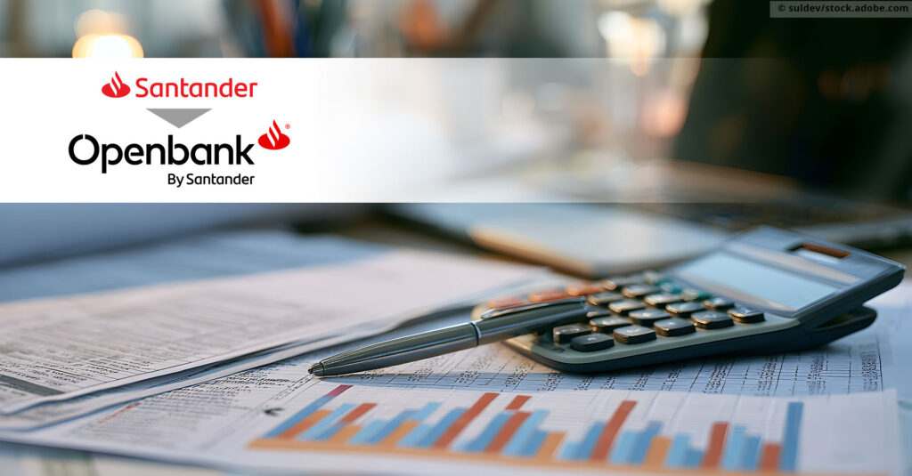Es sind die Logos der Santander und Openbank und ein Taschenrechner und ein Stift zu sehen.