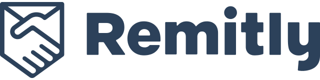 Remitly-Logo besteht aus einem Schild mit zwei Händen, die sich schütteln, und dem Schriftzug.
