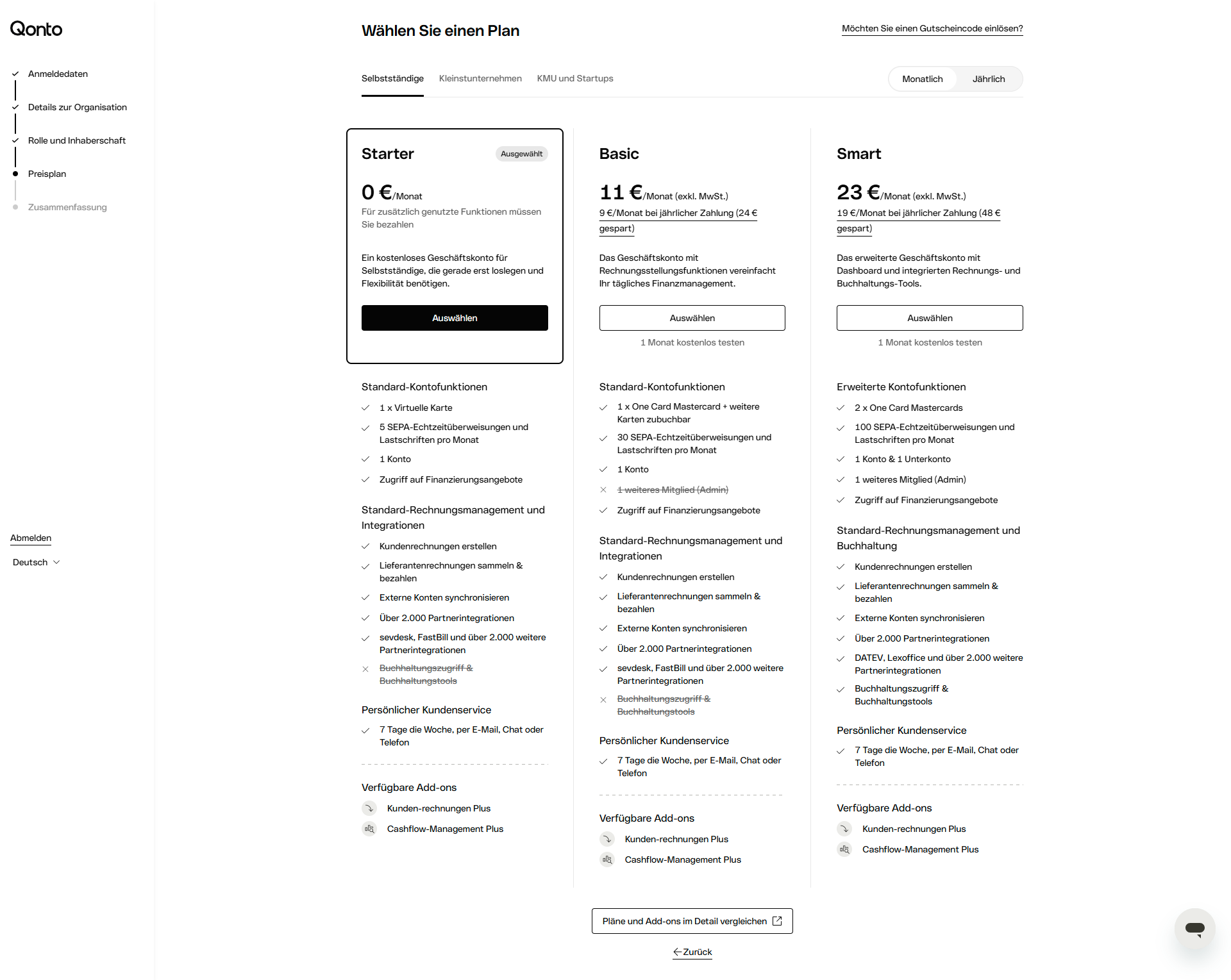 Screenshot zeigt Antragsformular von Qonto