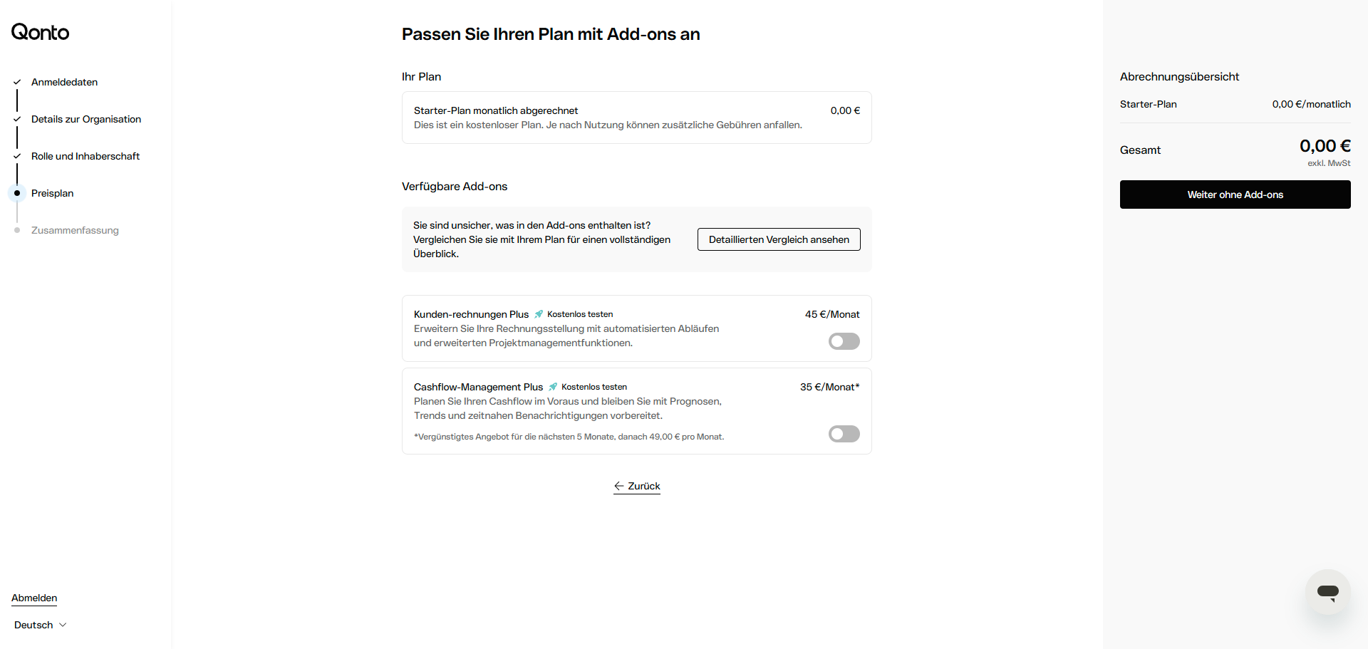 Screenshot zeigt Antragsformular von Qonto