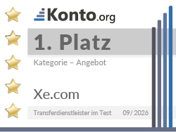 Testsiegel zeichnet Xe.com als Platz 1 in der Kategorie Angebot im konto.org Test für Transferdienstleister 2026 aus.
