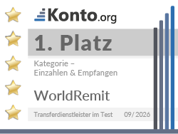 Testsiegel zeichnet WorldRemit als Platz 1 in der Kategorie Einzahlen & Empfangen des konto.org Test für Transferdienstleister 2026 aus.