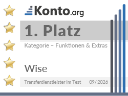 Testsiegel zeichnet Wise als Platz 1 in der Kategorie Funktionen & Extras im konto.org Test für Transferdienstleister 2026 aus.