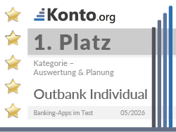 Testsiegel zeigt, dass Outbank Individual Banking-App-Test 2026 den 1. Platz in der Kategorie Auswertung & Planung belegt