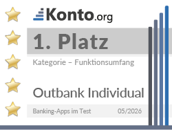Testsiegel zeigt, dass Outbank Individual Banking-App-Test 2026 den 1. Platz in der Kategorie Funktionsumfang belegt