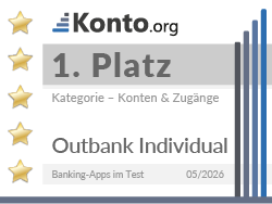 Testsiegel zeigt, dass Outbank Individual Banking-App-Test 2026 den 1. Platz in der Kategorie Konten & Zugänge belegt
