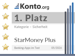 Testsiegel zeigt, dass StarMoney Plus Banking-App-Test 2026 den 1. Platz in der Kategorie Sicherheit belegt