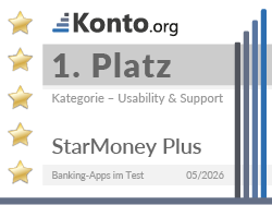 Testsiegel zeigt, dass StarMoney Plus Banking-App-Test 2026 den 1. Platz in der Kategorie Usability & Support belegt