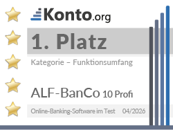 Testsiegel zeigt, dass ALF-BanCo 10 Profi im Vergleich von Online-Banking-Software 2026 den 1. Platz in der Kategorie Funktionsumfang belegt