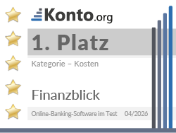 Testsiegel zeigt, dass Finanzblick im Vergleich von Online-Banking-Software 2026 den 1. Platz in der Kategorie Kosten belegt